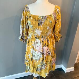 H&M Floral Smocked Baby Doll Mini Dress Sz Lrg Mustard Yellow Spring Easter Boho